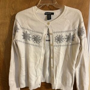 Eddie Bauer cardigan with grey snowflake pattern